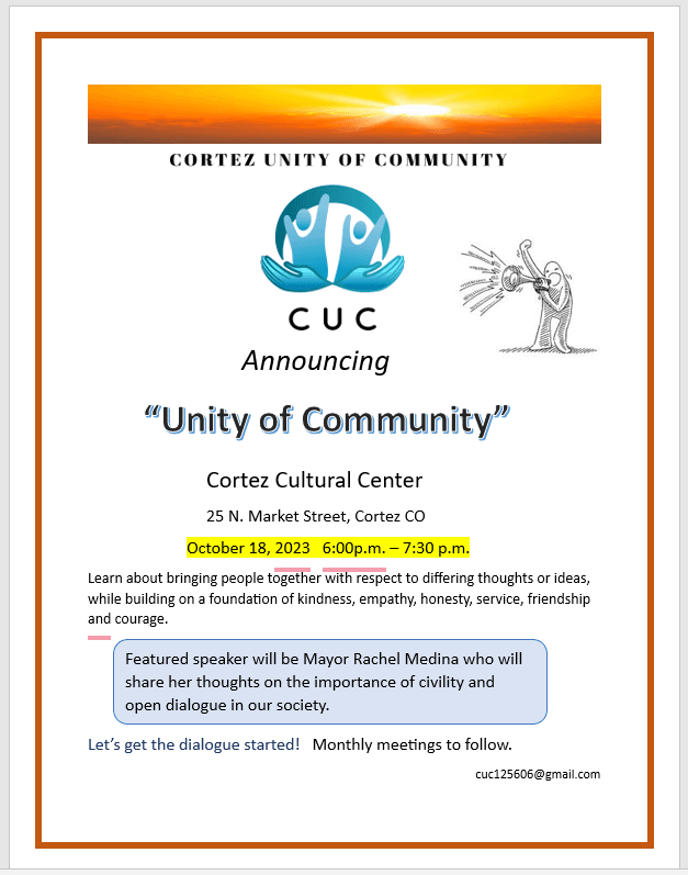 Unity of Community Tonight at the Cortez Cultural Center 6p