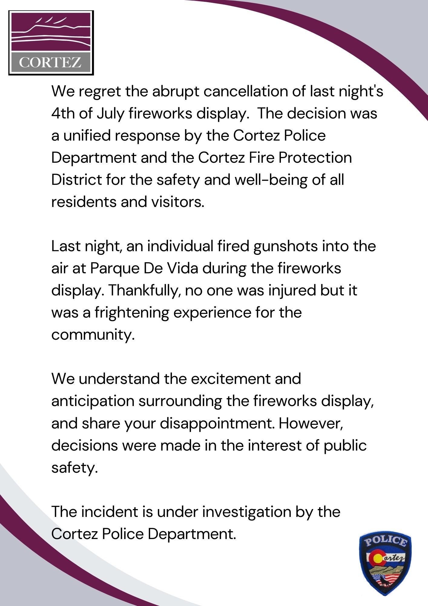 4th of July City Important Notification about the end to the Fireworks