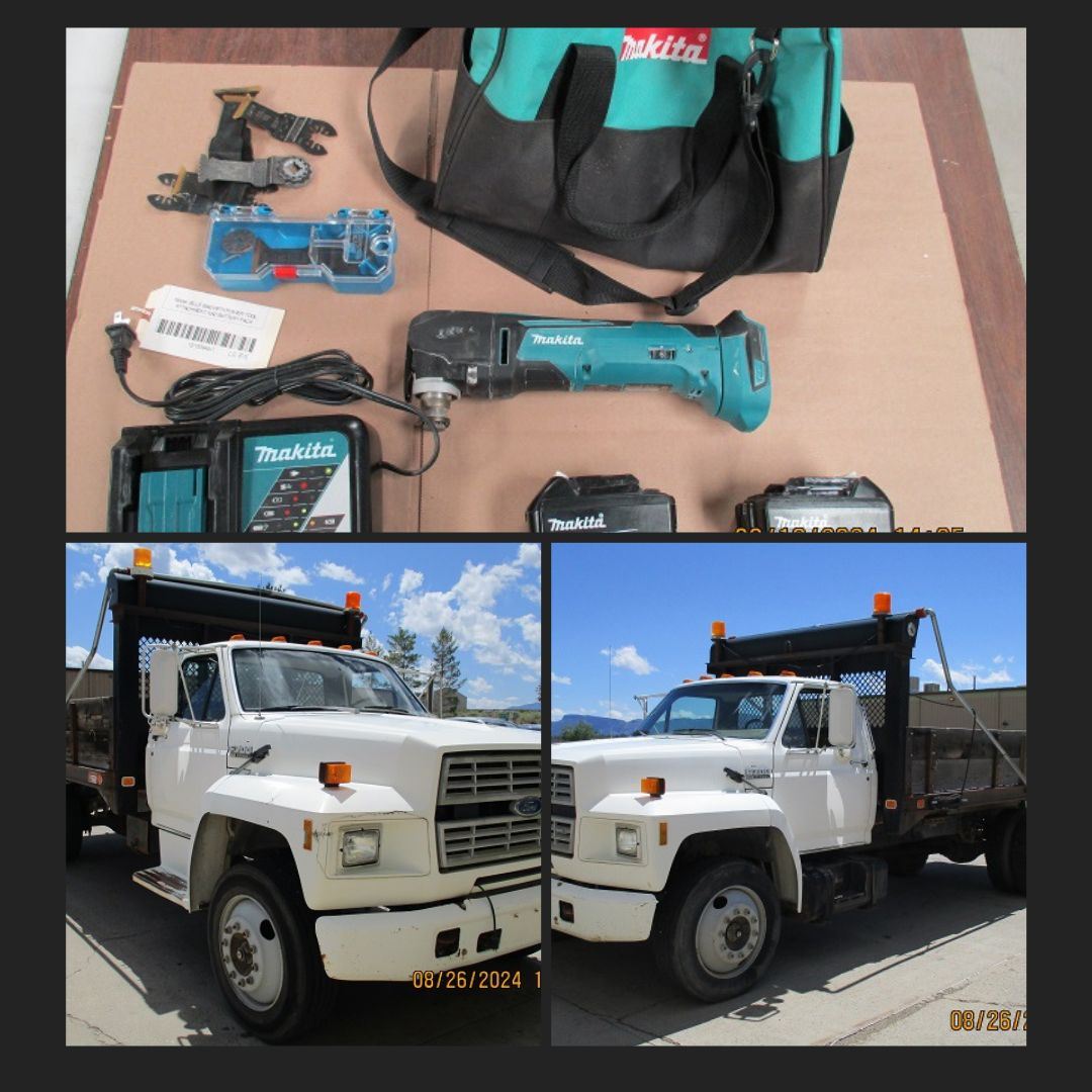 Photo of a Makita tool kit and two photos of a 1993 white Ford F-700 dump truck