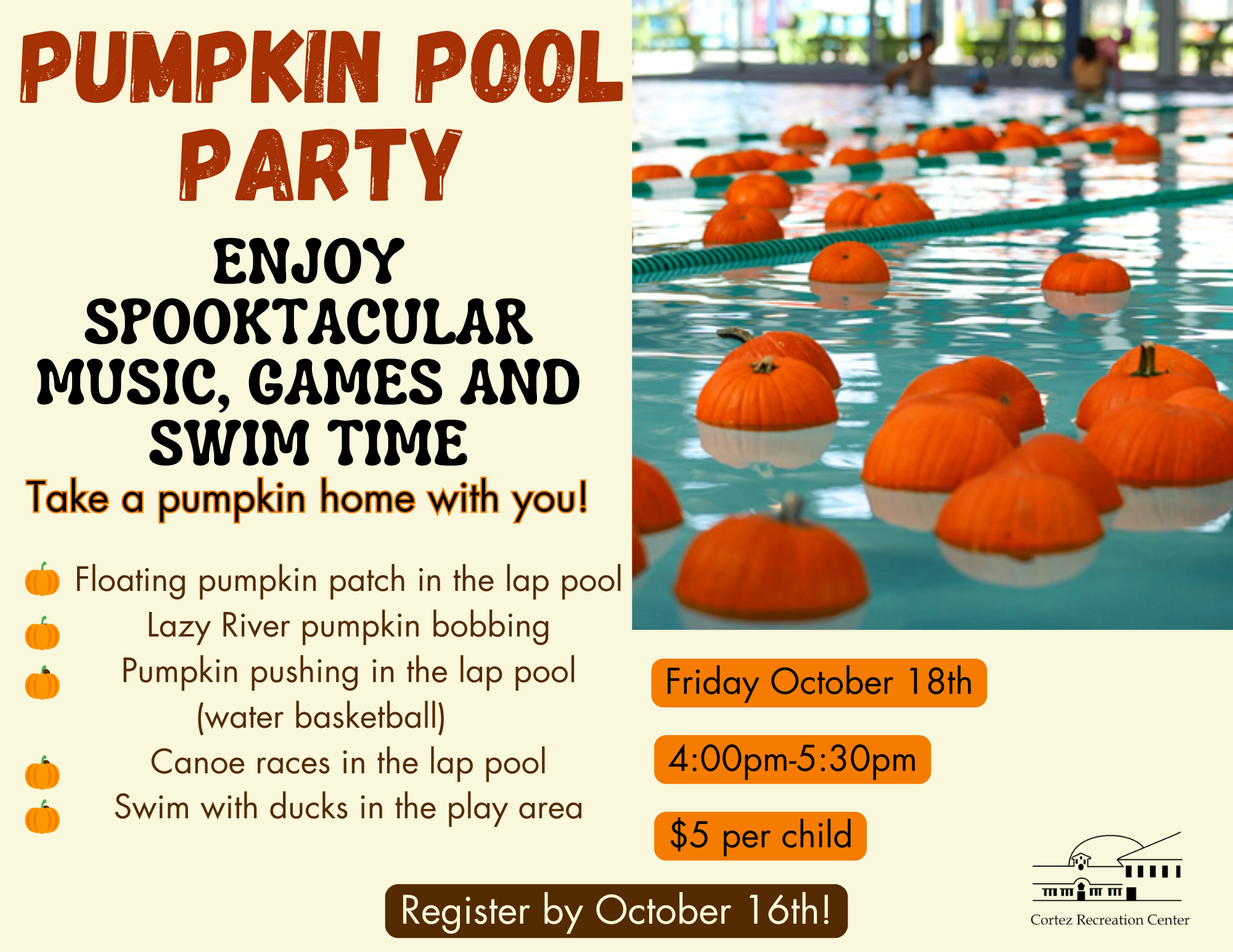 Pumpkin Pool Party flyer, image of floating pumpkins, cortez recreation center logo, clipart pumpkin