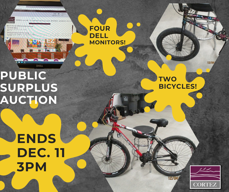 Public Auction flyer with a photo of two bicycles and a Dell computer monitor
