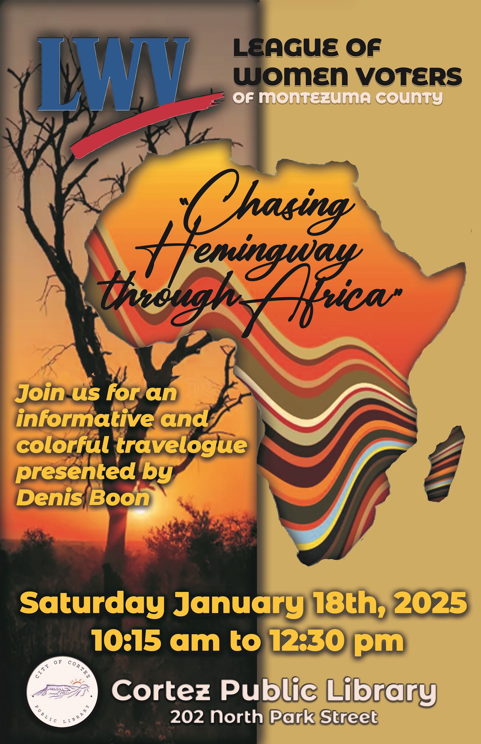 Library Event 1.18.25 - red and orange background with a graphic of Africa