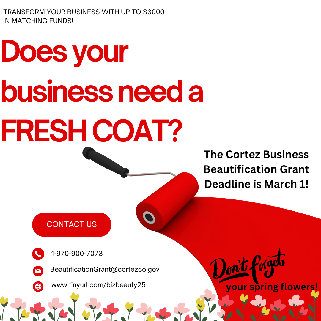 Cortez Business Beautification Grant - Red paint roller with text about the program