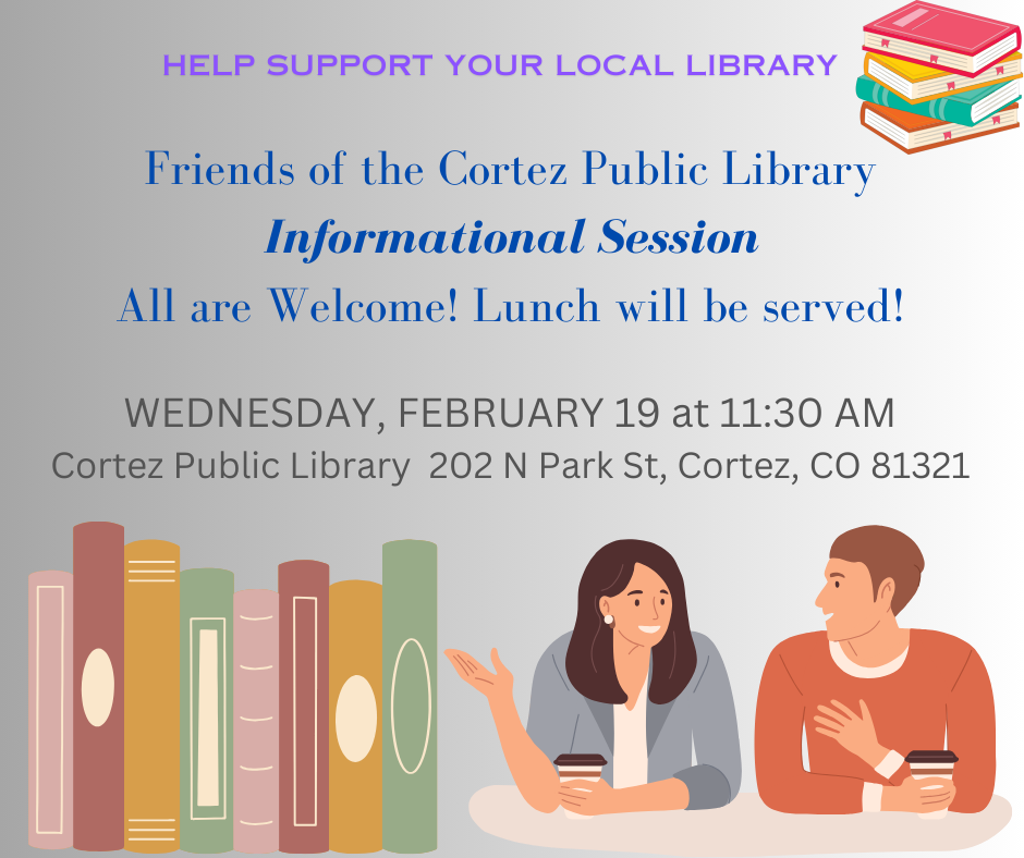 cartoon graphics of books and a man and a woman with coffee chatting