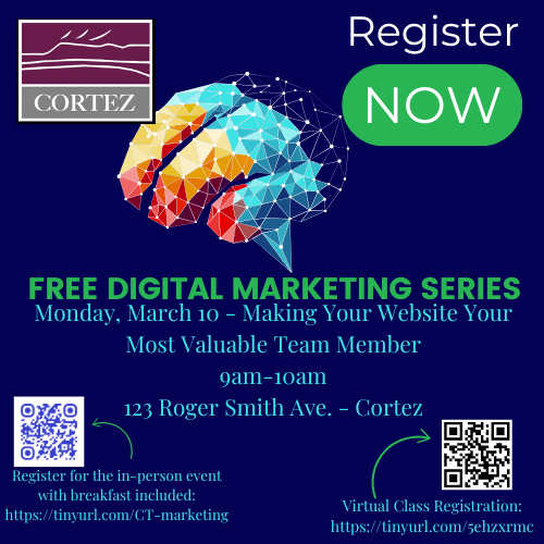 Digital Marketing Events March 10th and 24th at Cortez City Hall - blue background, digital looking 
