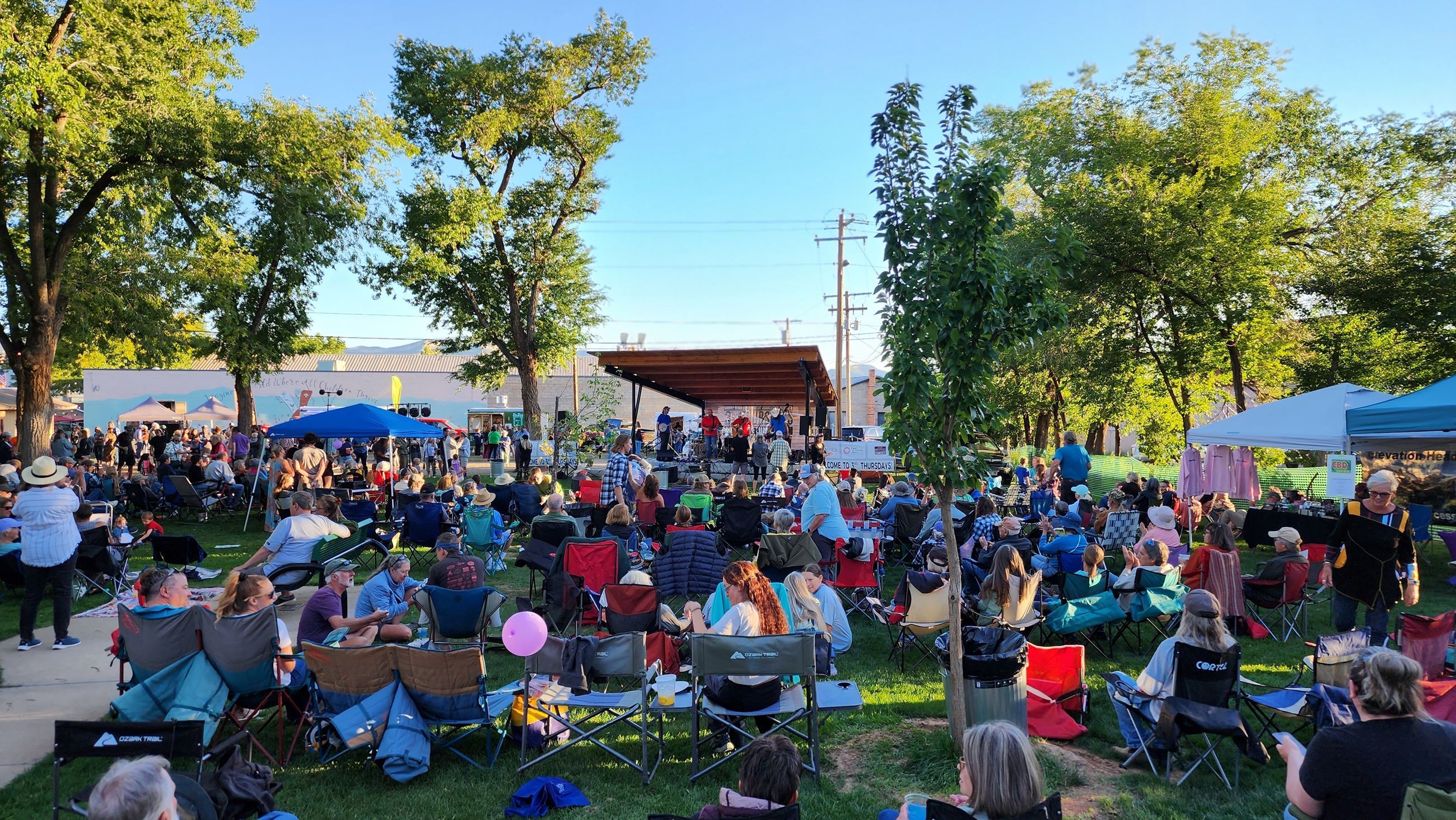 Photo of a crowd of people looking at a stage in the park. 