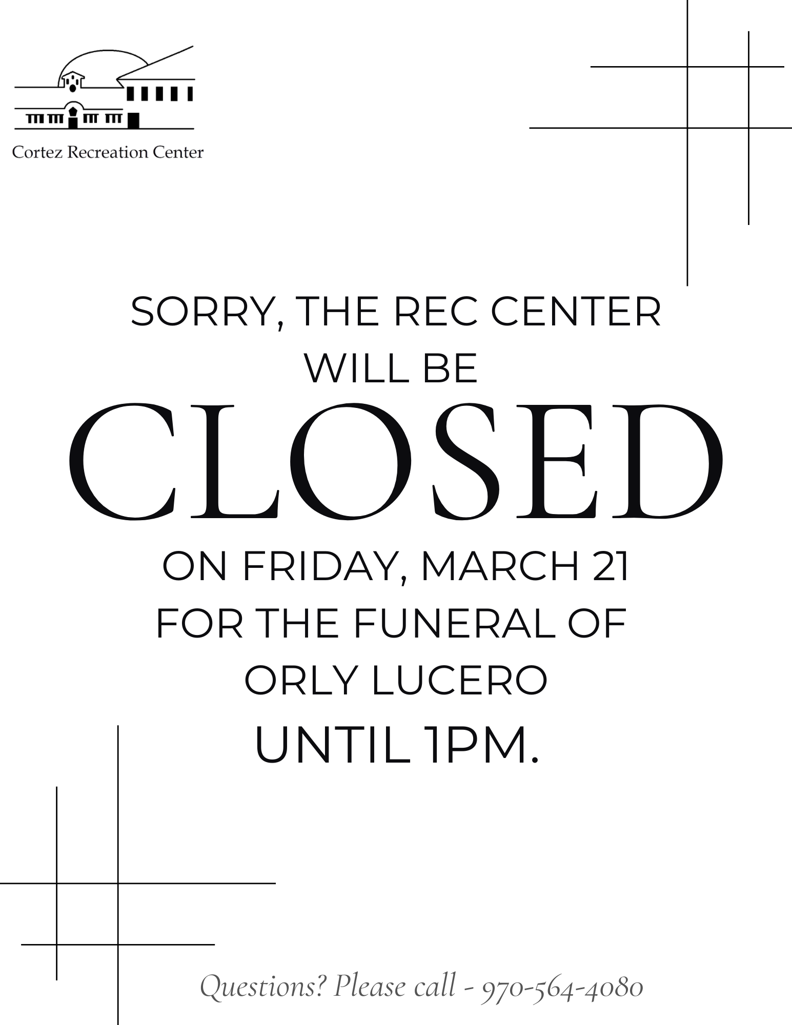 Rec Center Closed 3.21.25 black and white graphics and Rec Center logo