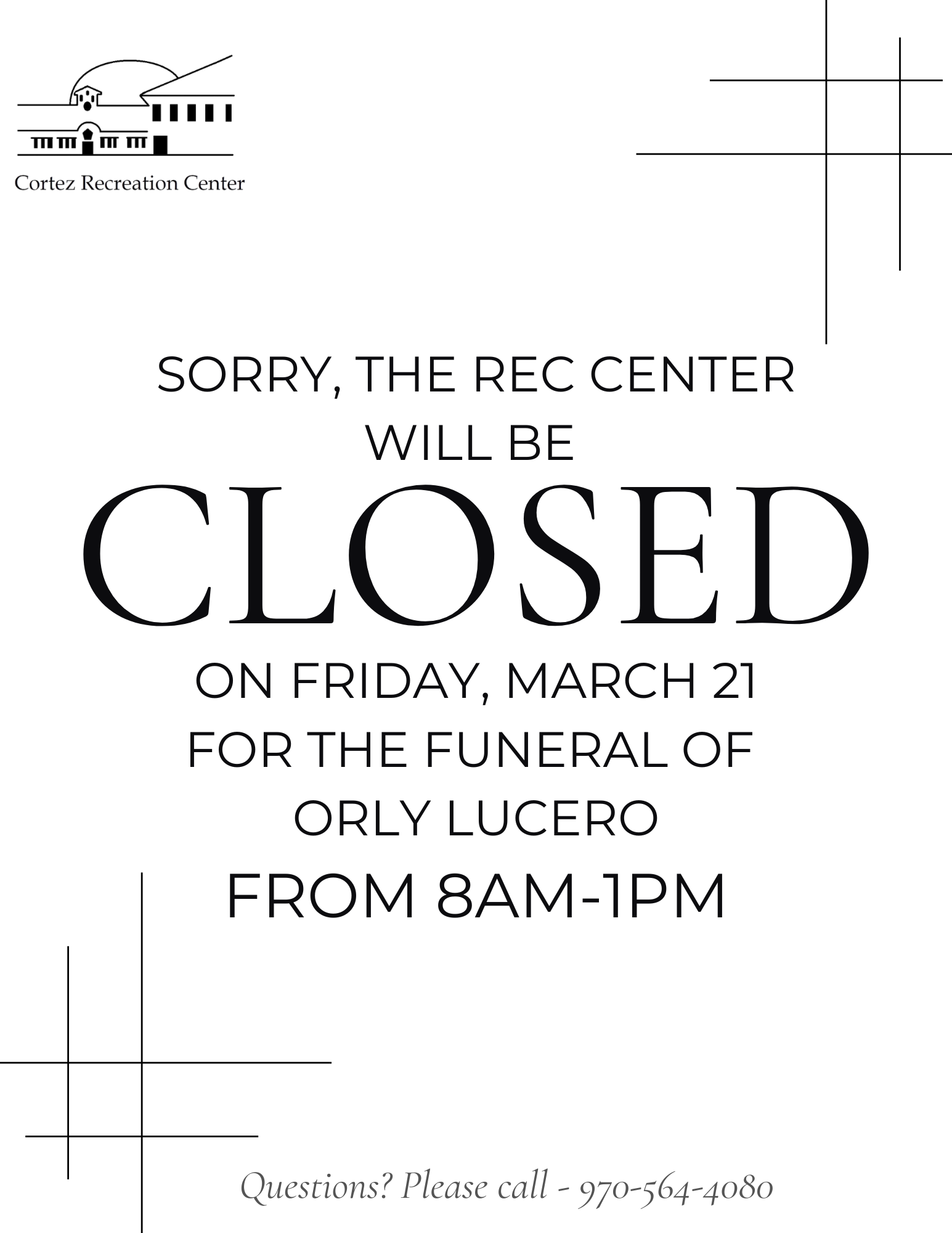 Rec Center Closed March 21 8am-1pm