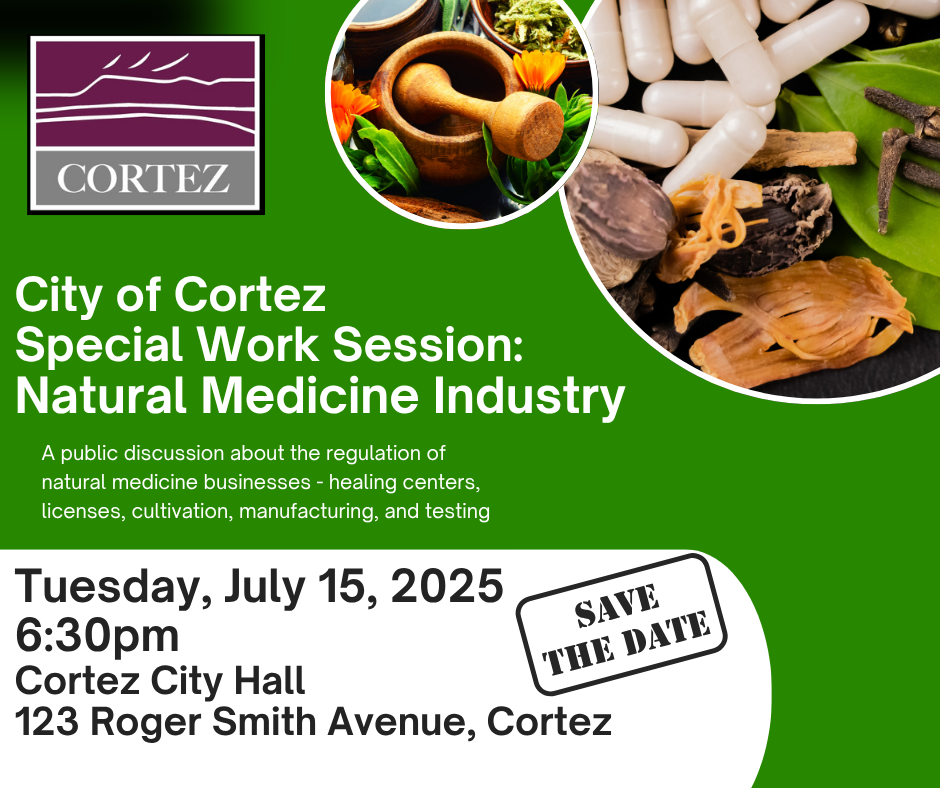 Flyer for the July Natural Medicine Work Session Cortez on July 15 with photos of natural medicines 