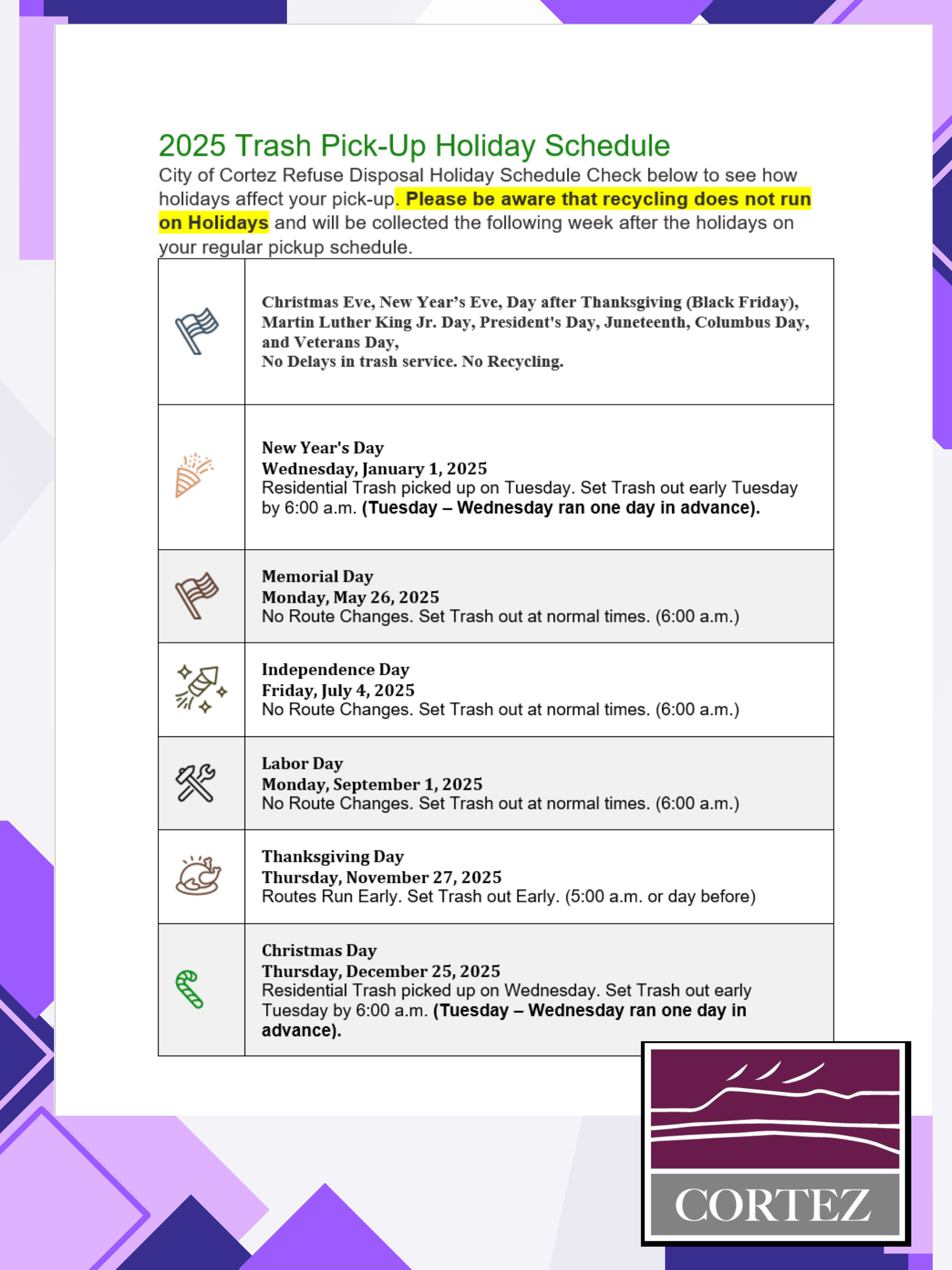 Public Works Service Center Refuse Holiday Schedule