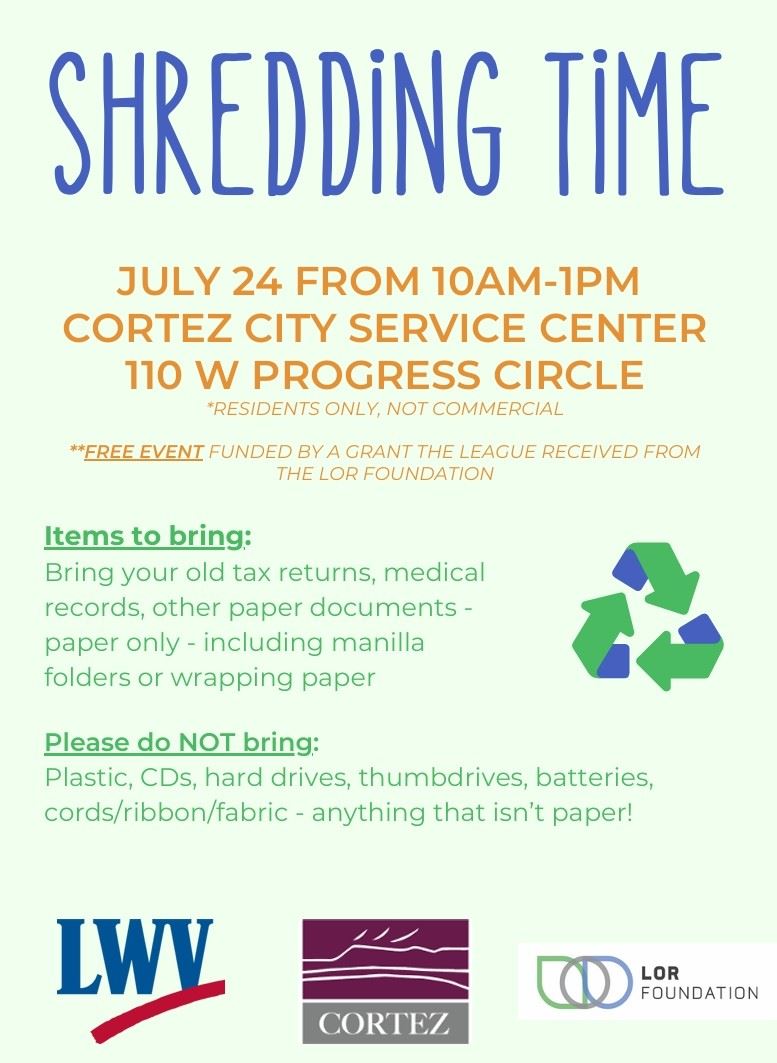Shredding Time July 24. 2025 - Free Shredding Event at the Cortez Service Center