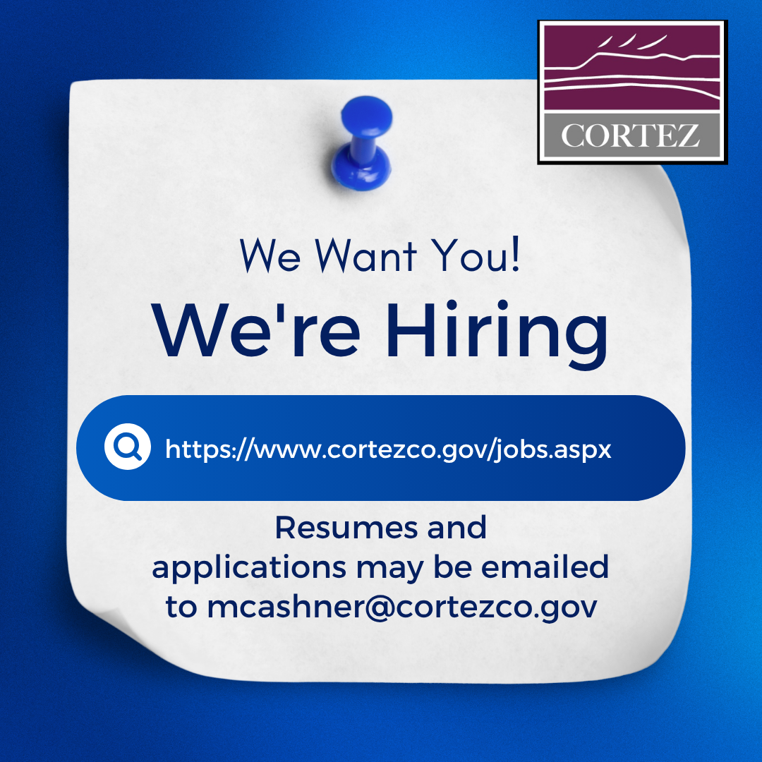 Blue background with the City of Cortez logo and info about jobs available on Cortezco.gov