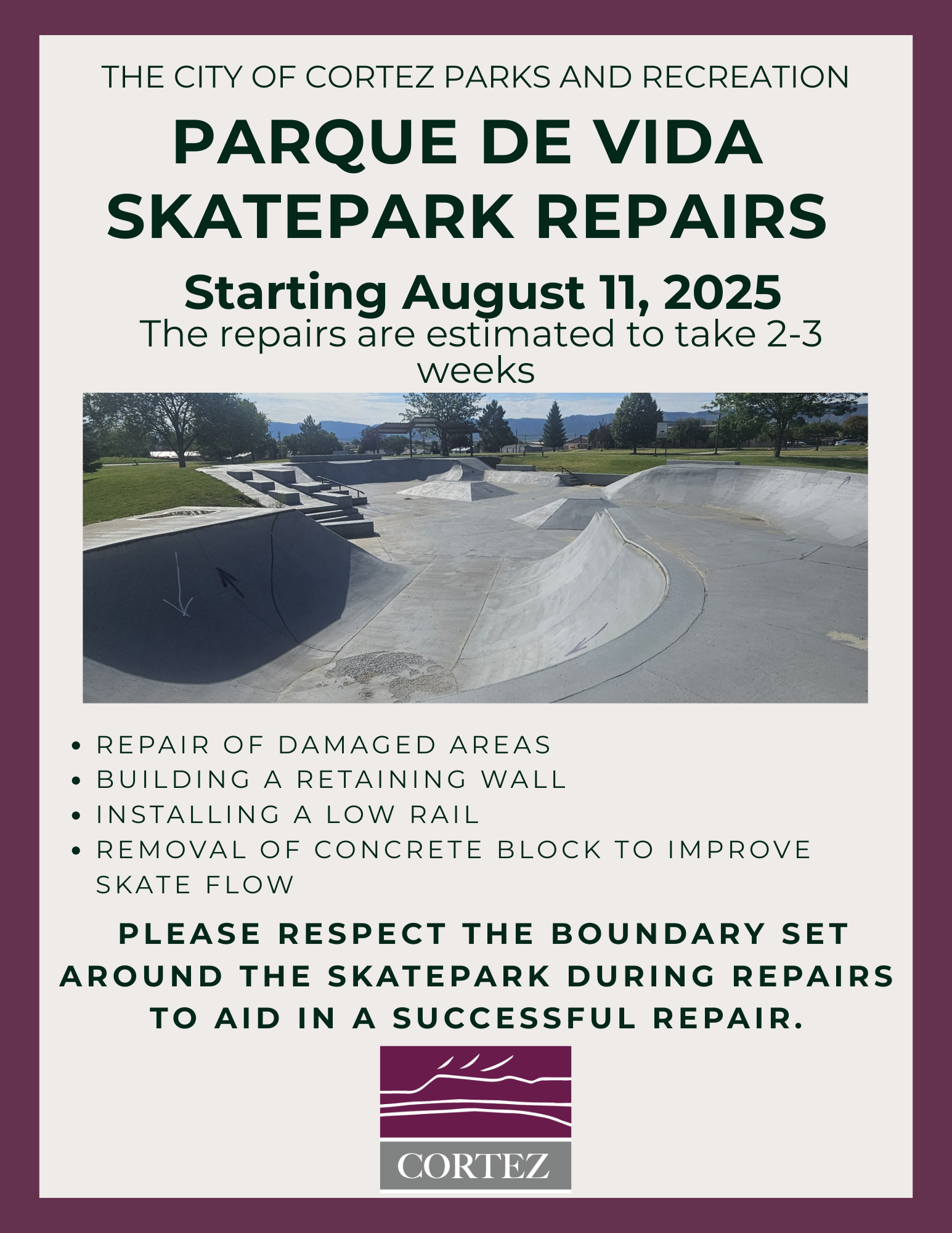 Photo of the Cortez Skate Park with text about the temporary closure in August