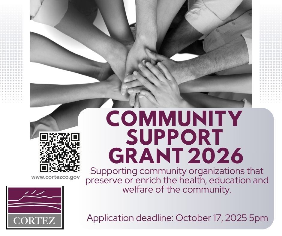 Photo of hands in a circle, City of Cortez logo, text about the grant and it's deadline