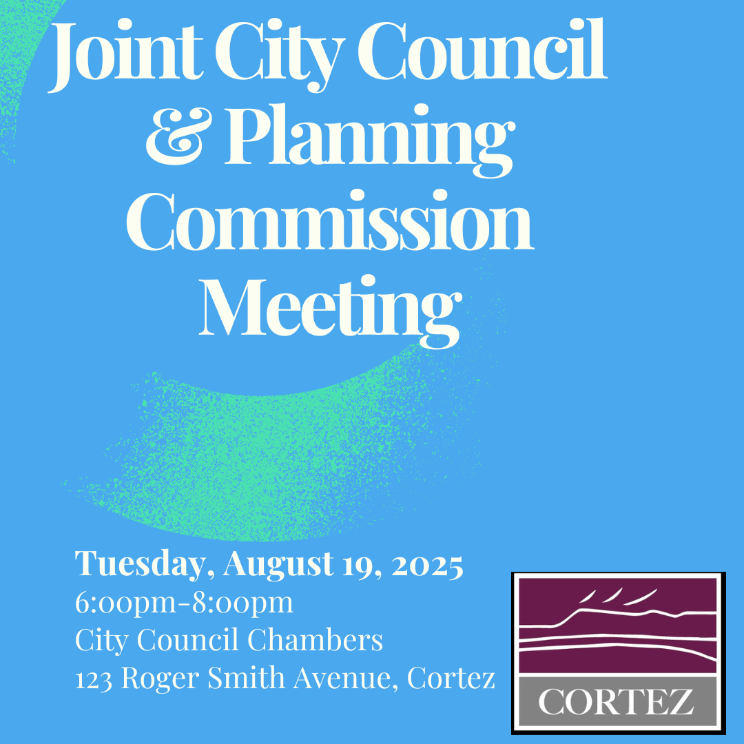Blue background with a teal paintbrush of color with text about a city council and planning meeting