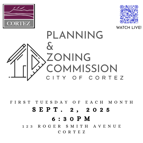 Architect type photo with text about the planning meeting at Cortez City Hall on 9.2.25