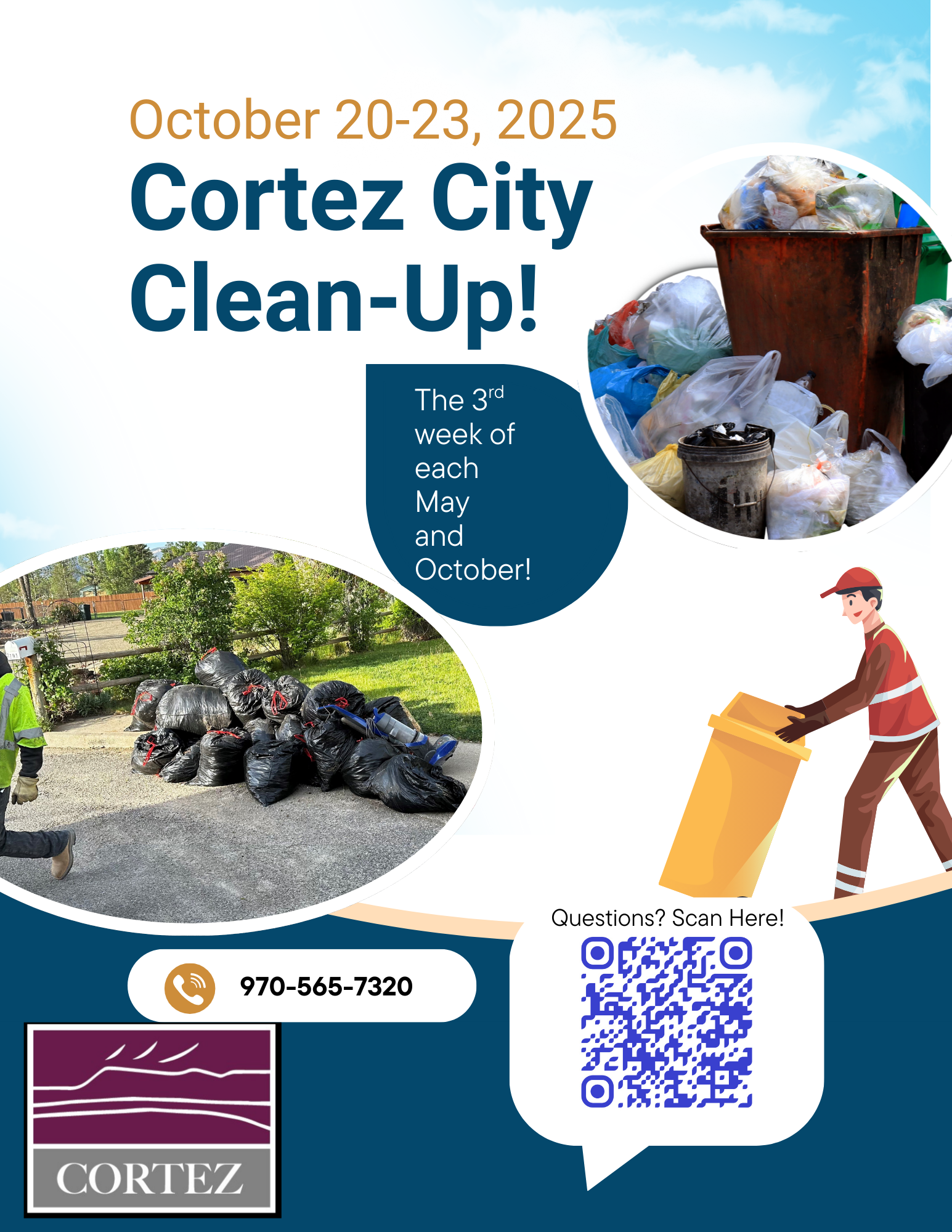 Photo of two large piles of garbage with text about the Oct. Clean Up week in Cortez, CO