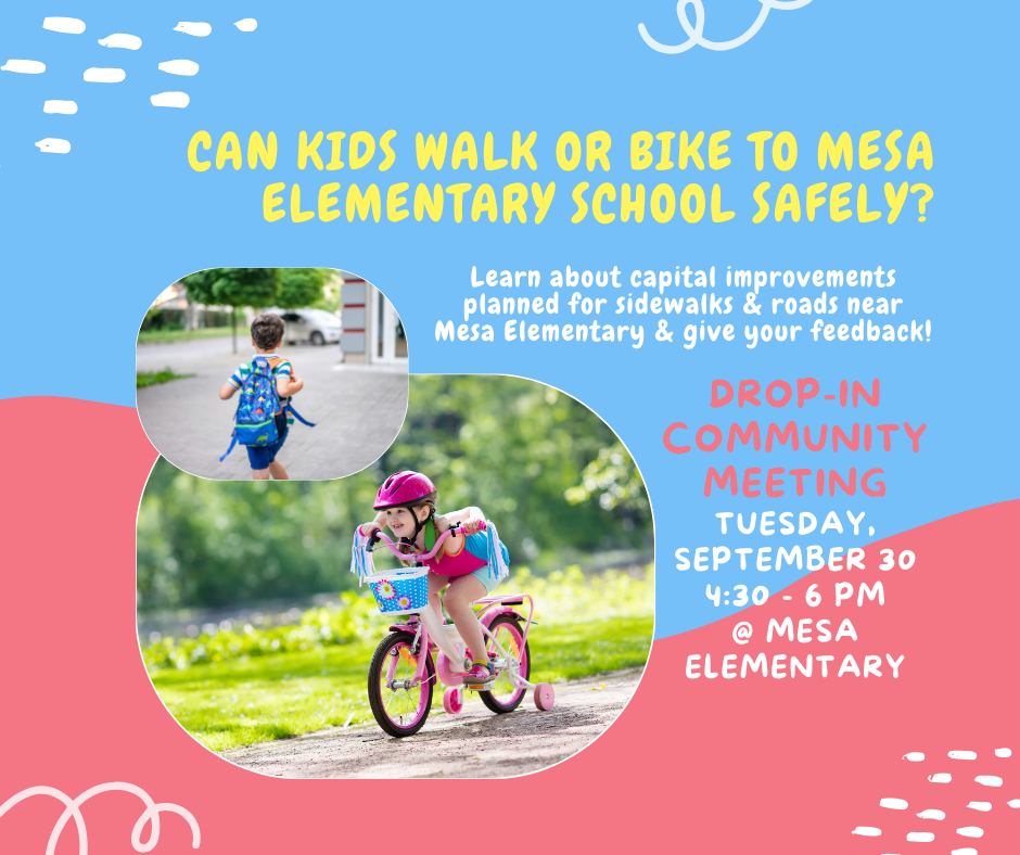 Safe Routes to School Community Meeting flyer with photos of kids on bikes