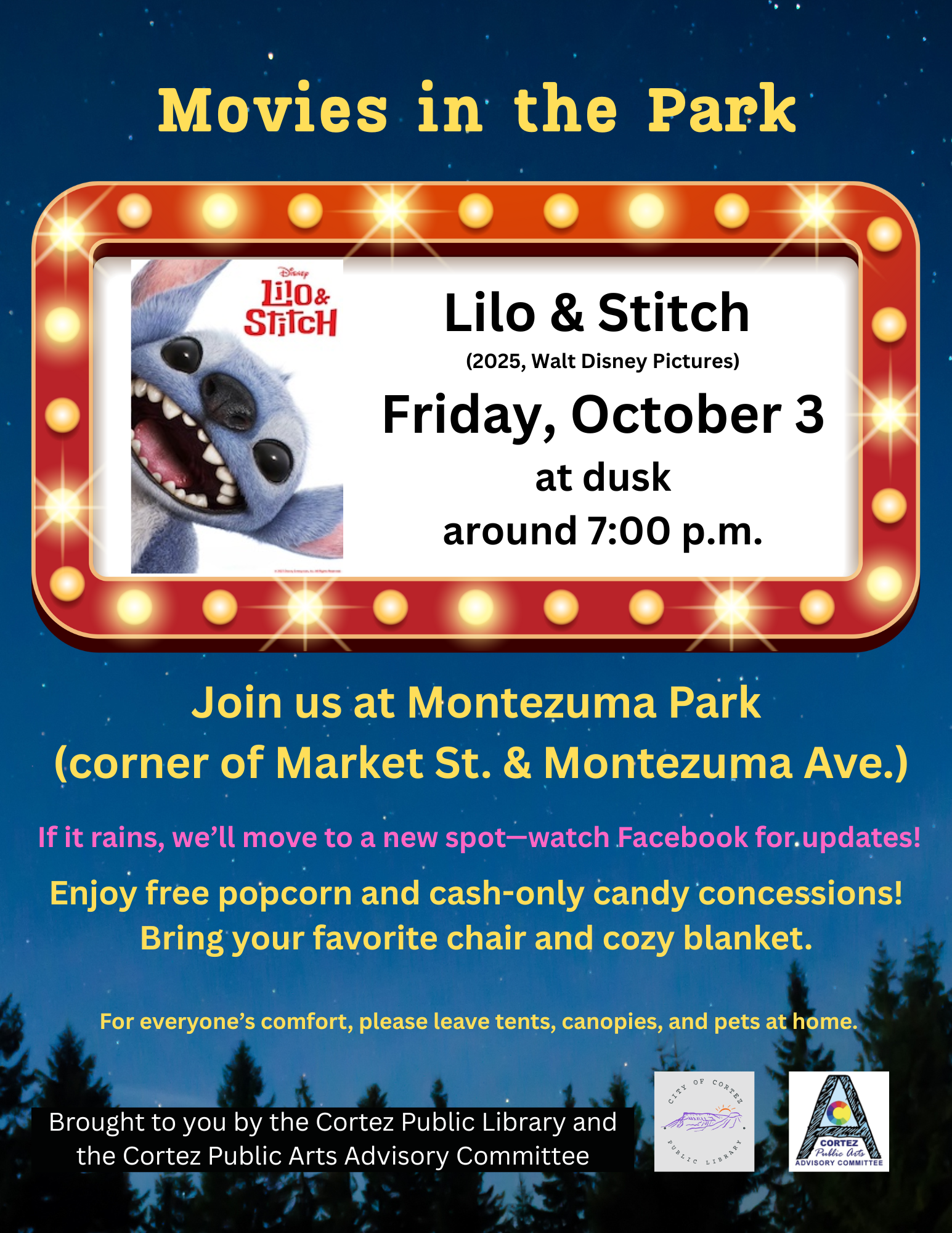 Movie poster for Lilo and Stitch with text about the Library movie event on Friday, Oct. 3