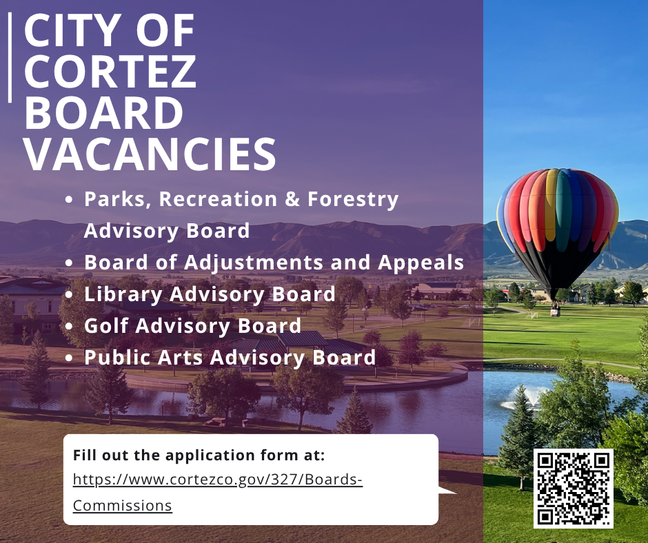 Photo of a hot air balloon over Parque De Vida in Cortez, CO with text about city boards and vacanci