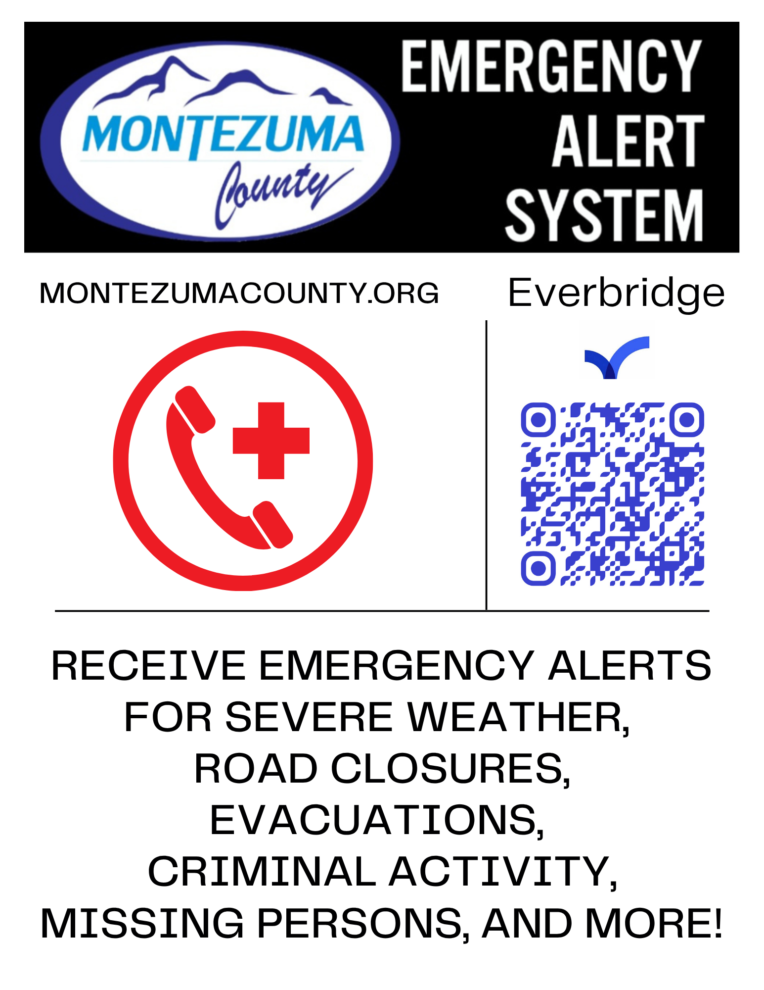 Everbridge Emergency Alert Info with a red phone and a QR code to the Montezuma login