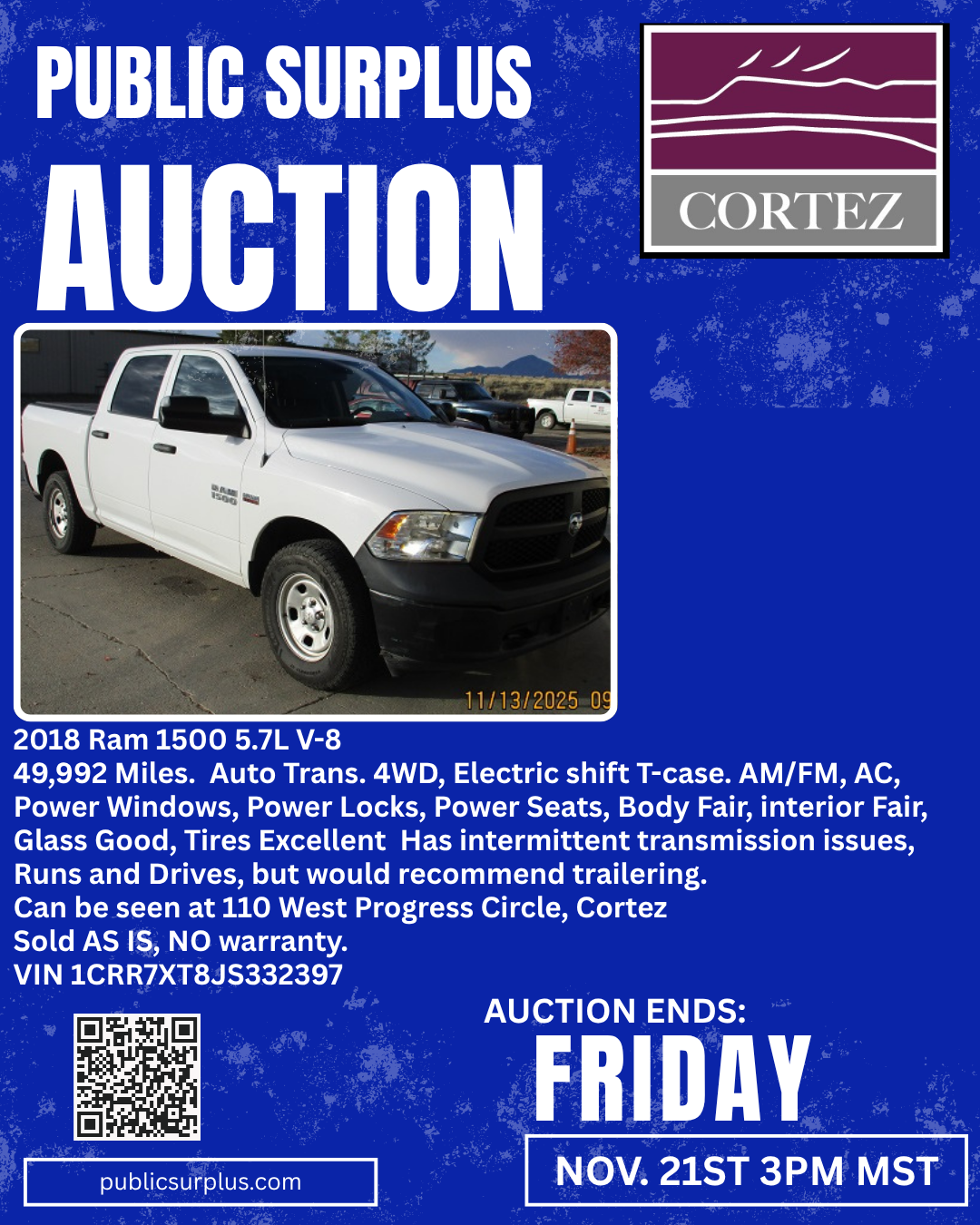 2018 Ram - white truck with text about the Public Surplus auction City of Cortez logo appears