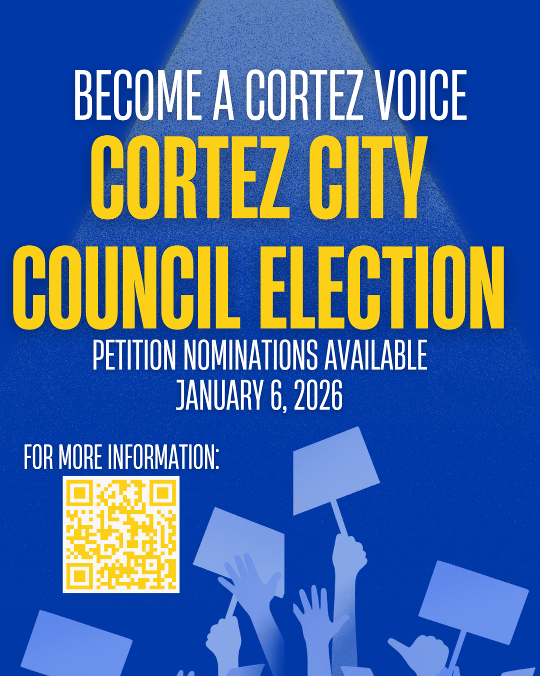 Blue background with outlines of people demonstrating with signs and text detailing election 2026