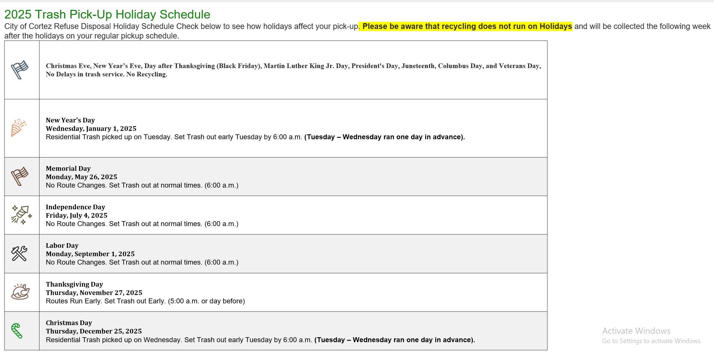 Screengrab of the City of Cortez Holiday Trash Collection schedule