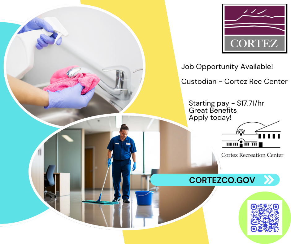 Photos of janitorial work with the City of Cortez and Rec Center logos.  A QR link to apply
