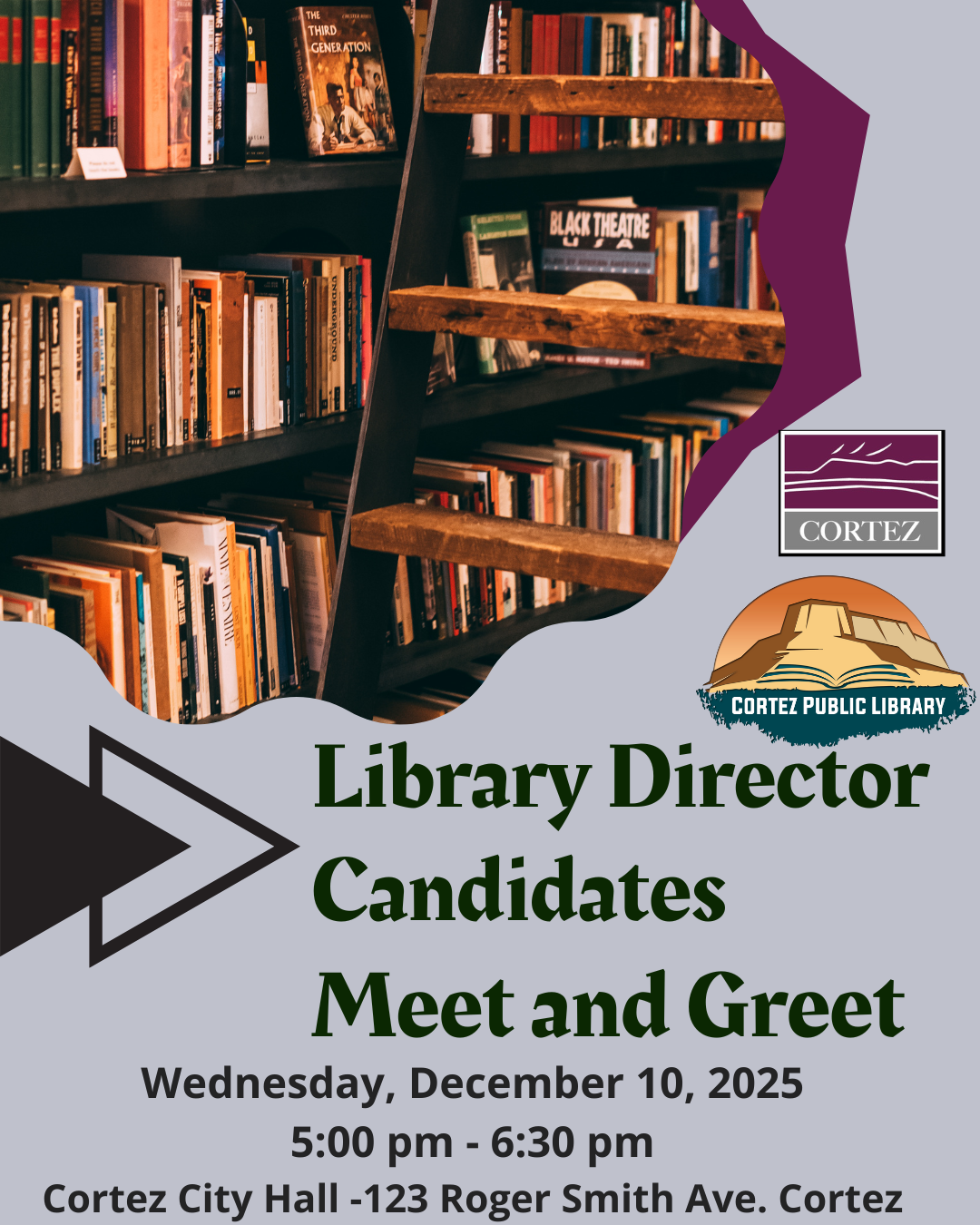 Photo of books and text about the Library Director finalist meet and greet Dec. 10