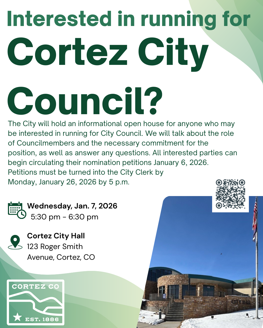 Photo of City Hall in the winter, a QR code to the elections page and text about an event