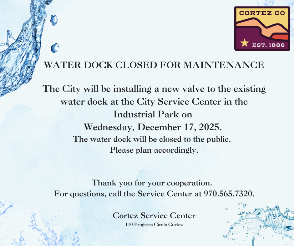 Water graphics and text about the Water Dock Closure at the Cortez Service Center