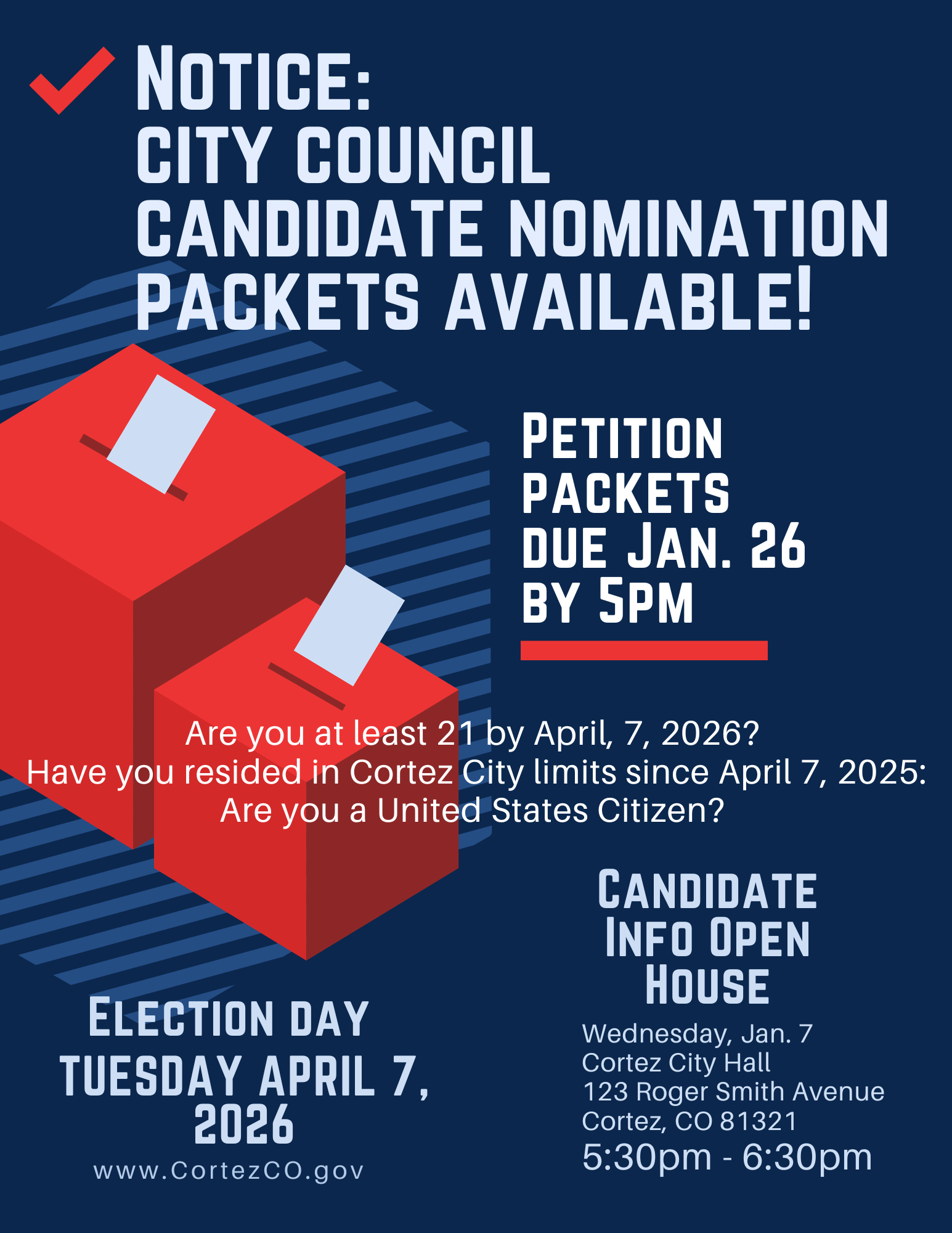 Graphics of ballot boxes and text about the upcoming election for candidates and voters