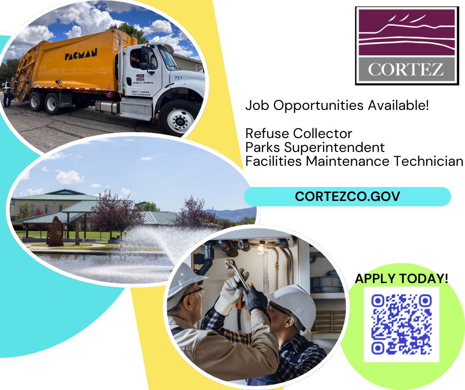Photos of jobs available at the City of Cortez with the City logo and QR code to the link