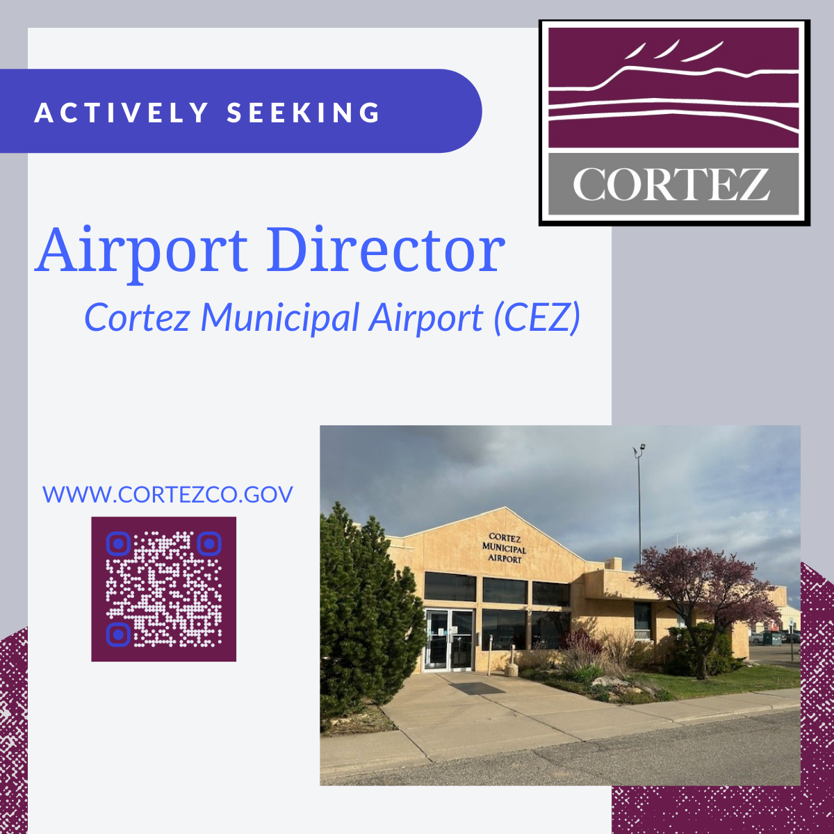 PHoto of the Cortez Municipal Airport (CEZ) and text about the open Airport Director position