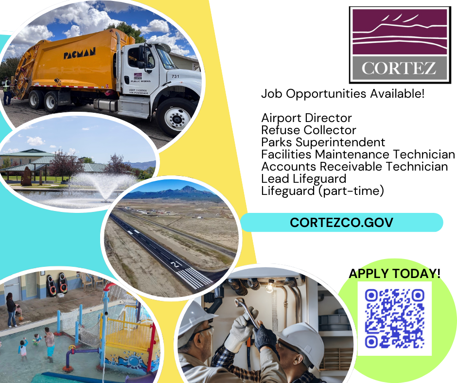 Photos of departments in Cortez, CO and job listings with QR code to application