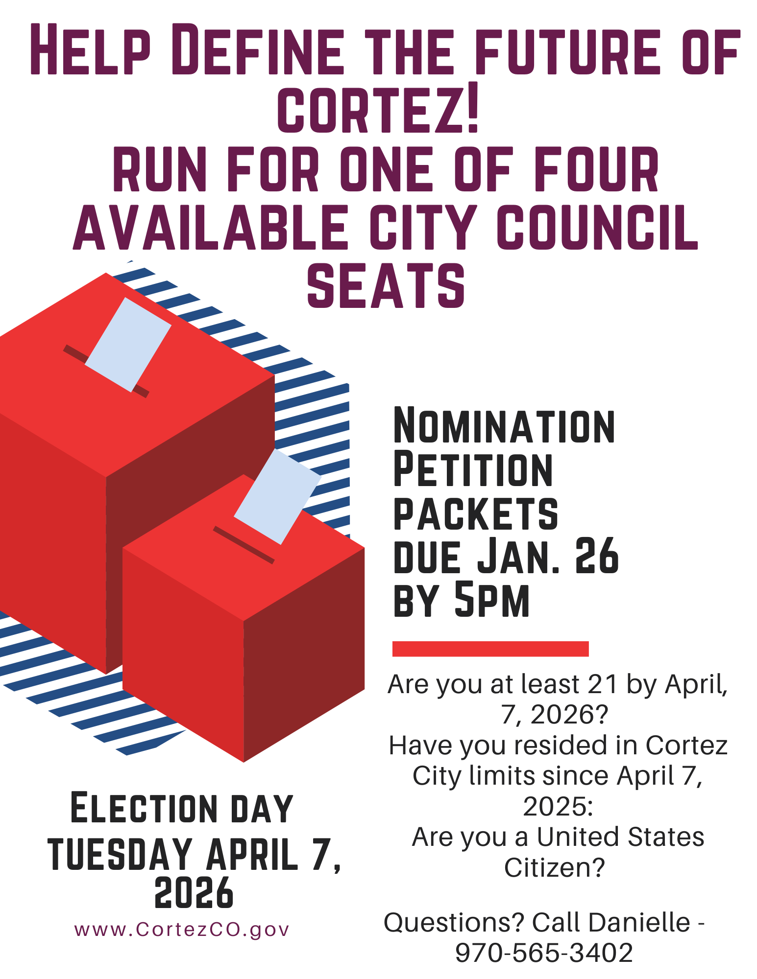 Ballot box graphic and text about the Cortez City Council Candidate seats available