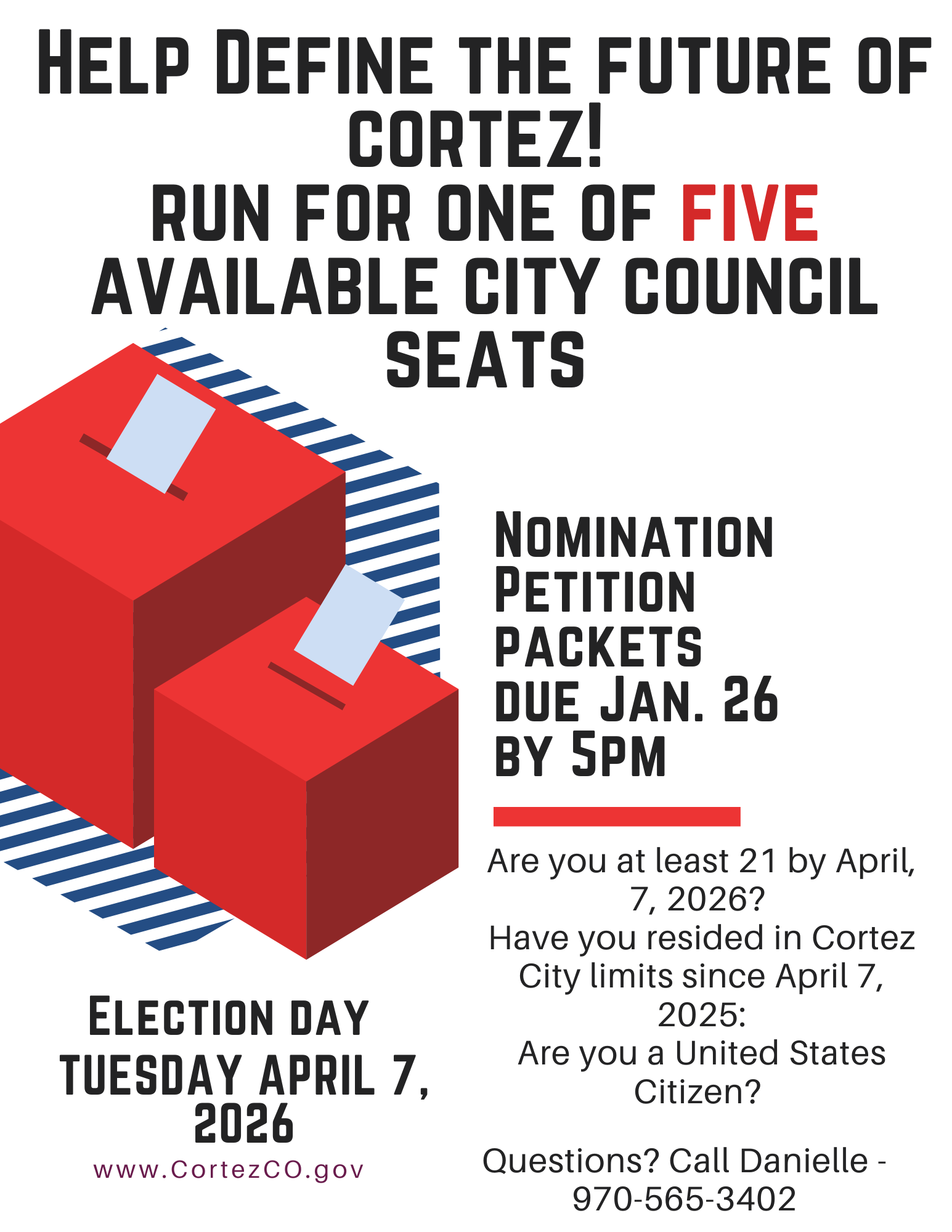 Ballot box graphics and text about the seats available in the Cortez City Election in 2026