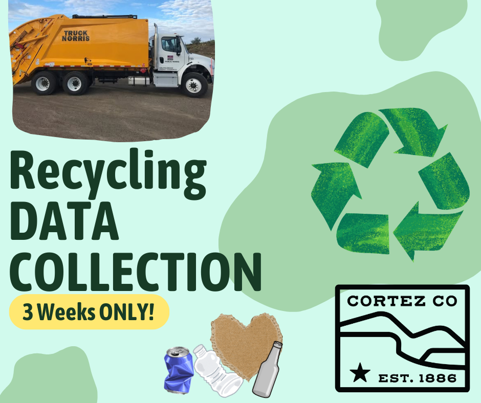 Photo of a Trash truck and text about a data collection program for recycling in Cortez