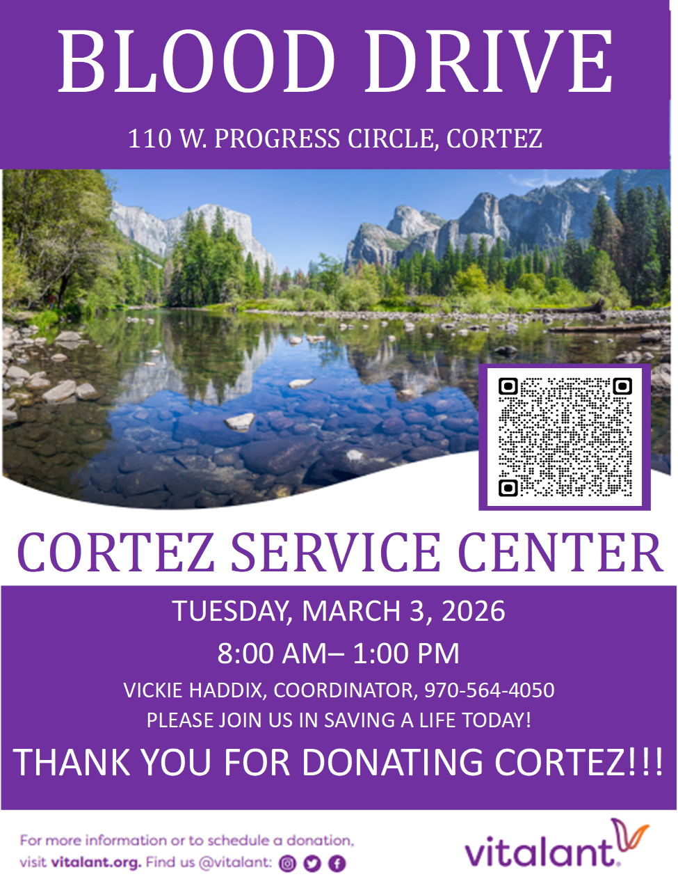 Flyer detailing the Vitalant Blood Drive at the City Service Center 3.3.26
