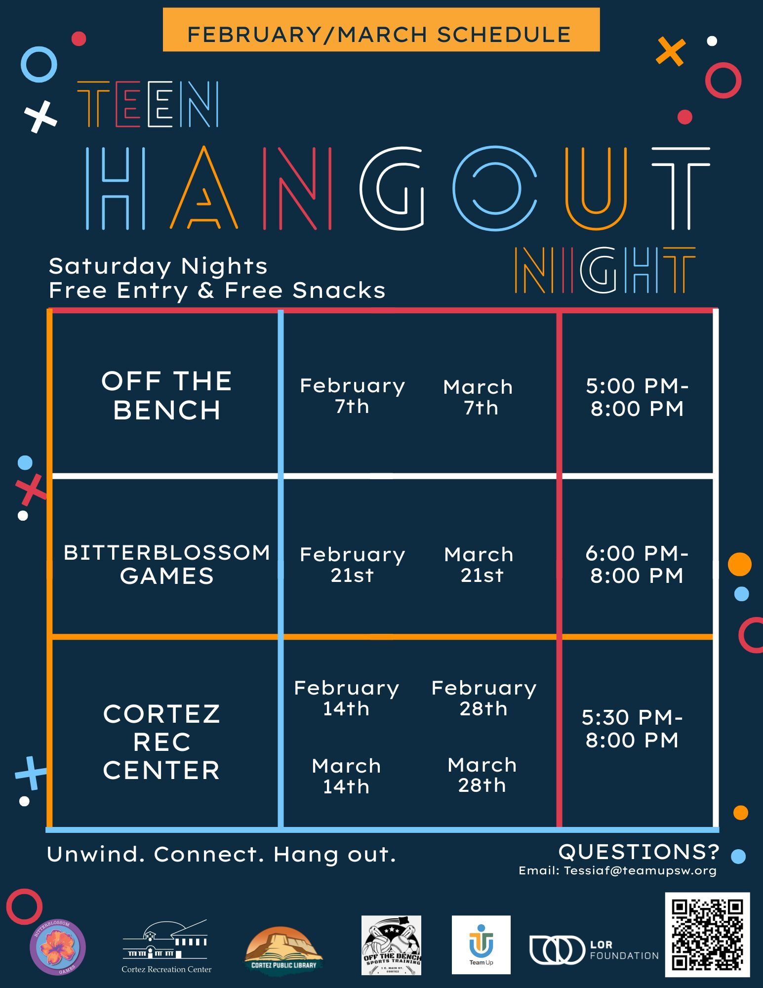 Teen Hangout Night Flyer with the times and locations of the Teen Hangout Nights every Saturday