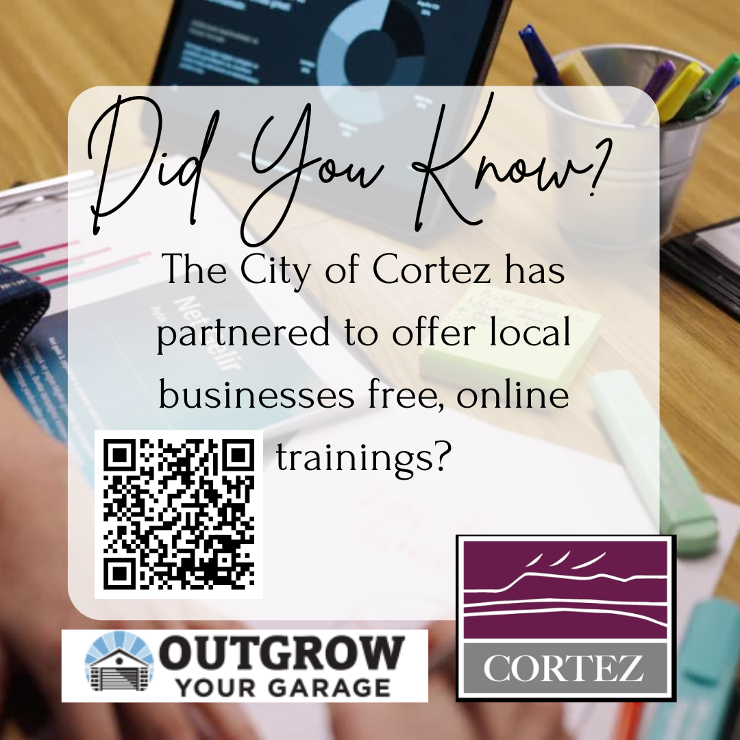Photo of a desk with a computer and pens.  The City of Cortez logo and a QR code appear