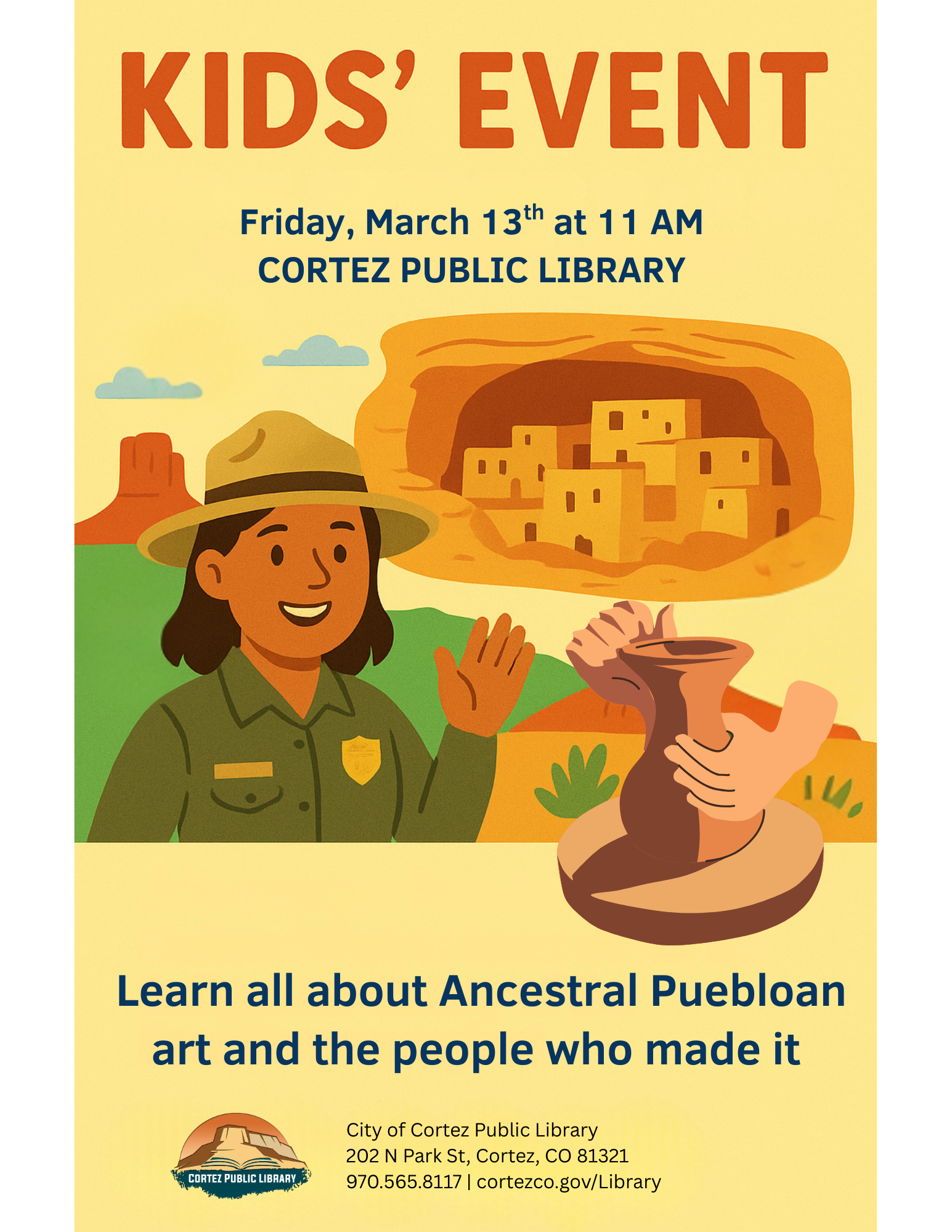 Flyer with text saying 'Chat With a Park Ranger at the Cortez Public Library on March 13th at 11a
