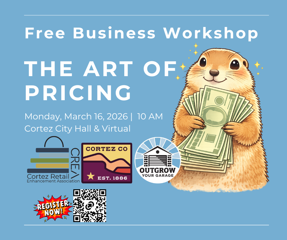 Graphic of a chipmunk holding money and text about a business workshop on March 16, 2026
