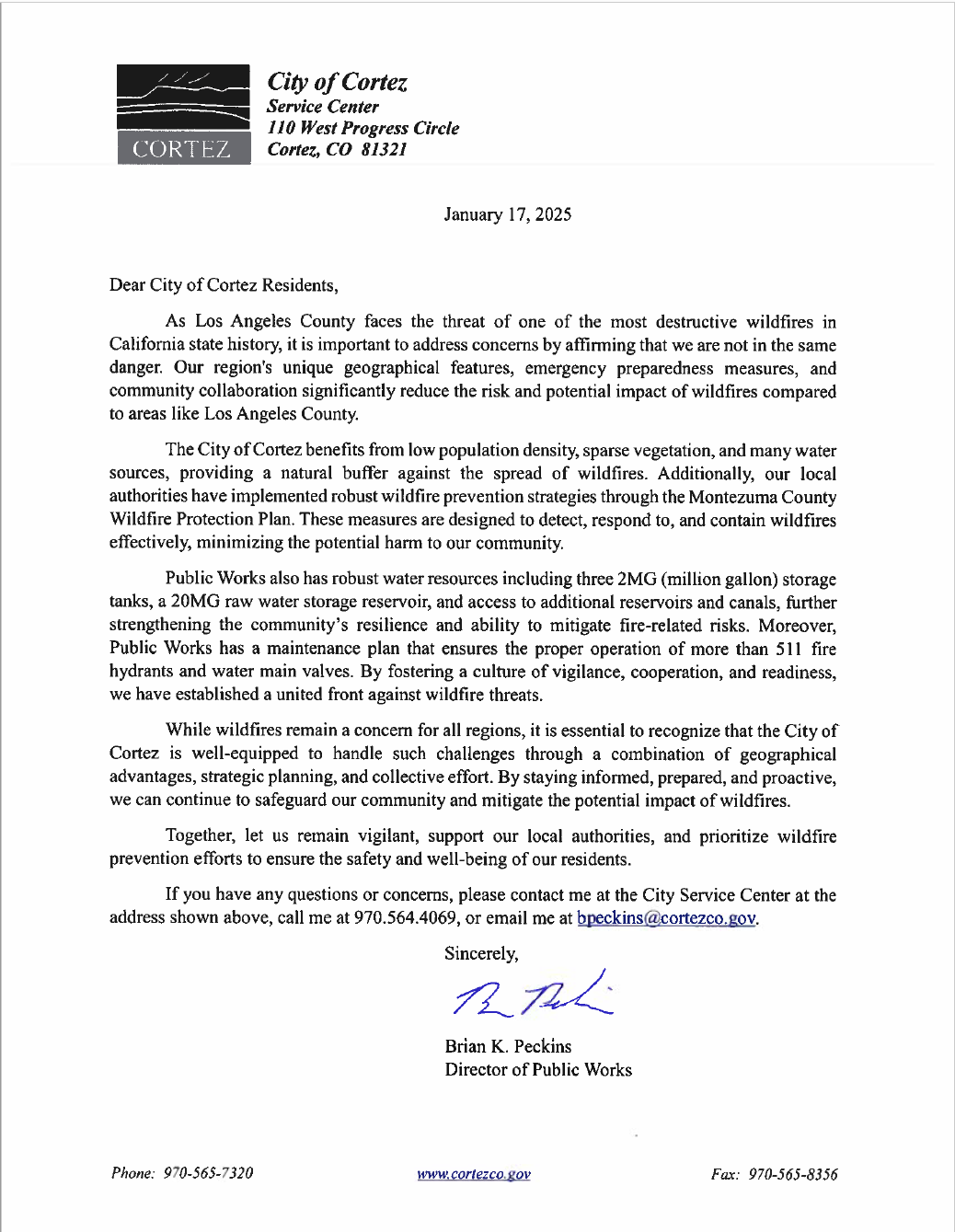Cortez Public Works Letter