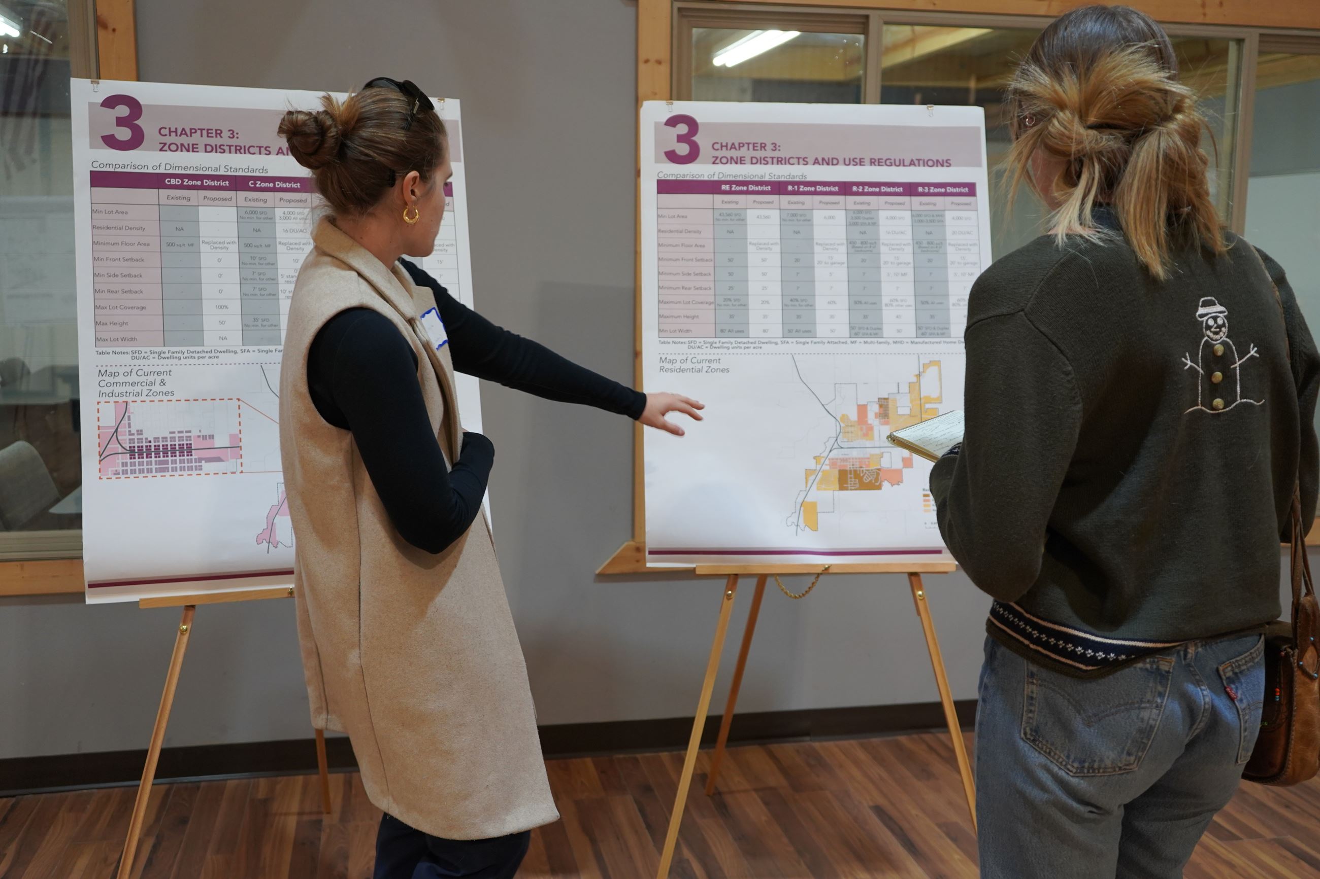 Two women discussing the Cortez Land Use Code Update in December 2024.