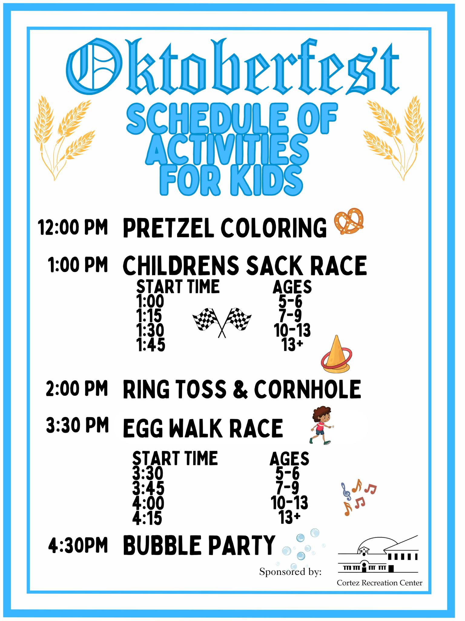 Oktoberfest list of kids activities and the Cortez Rec Center logo appears