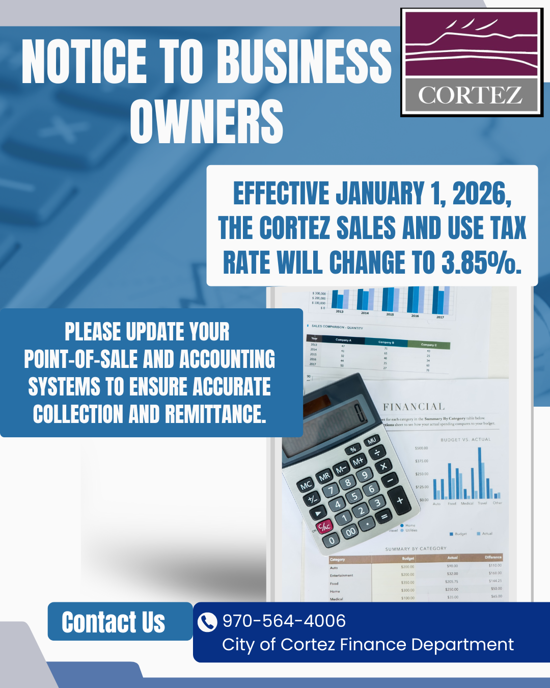 Photo of someone doing accounting and text about the change in sales tax rate effective Jan. 1, 2026