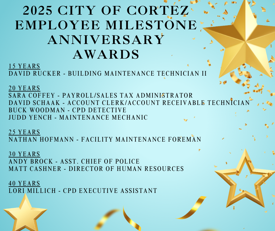 blue background with gold confetti and stars with a list of City of Cortez employees